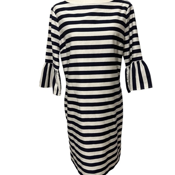 J and J Navy Blue Striped Dress with Bell Sleeves Size Large Whimsical - Picture 1 of 5